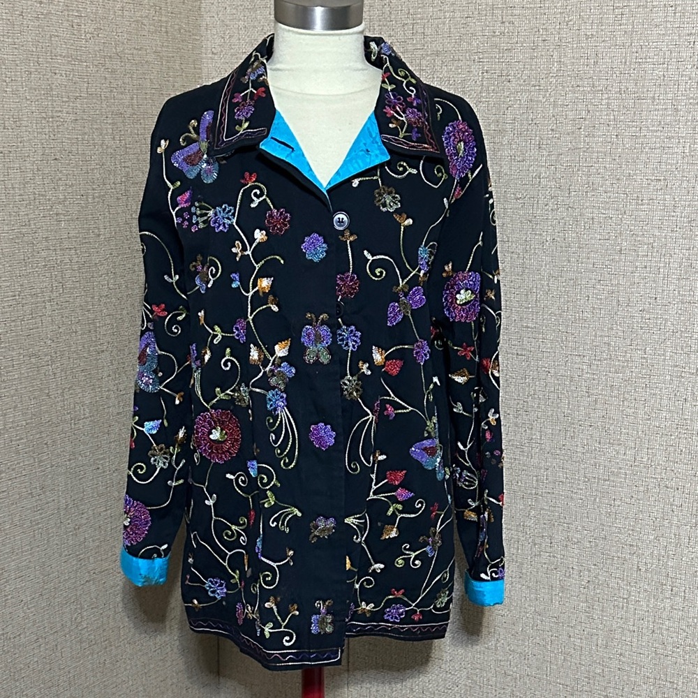 Quacker Factory : Black Button Down, Purple and Blue Embroidery
